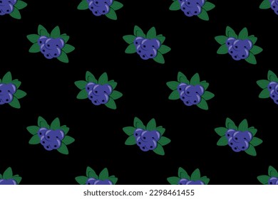 Blueberry seamless pattern on black background. Bilberry endless backdrop. Vector illustration whortleberry. Wallpaper and textile print.