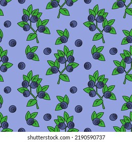 Blueberry Seamless Pattern On Blue Background.Vector Illustration For Wallpaper, Wrapping Paper, Textile And Package Design