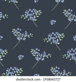 Blueberry seamless pattern on dark background. Vector illustration for print.