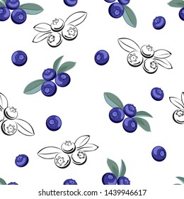 Blueberry seamless pattern on white background. Vector illustration of сolor and black and white berries. Vector outline and silhouette contour image.