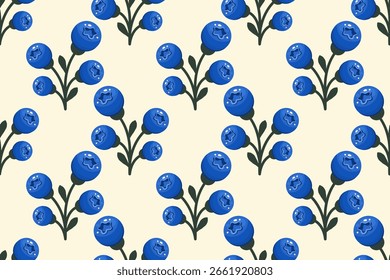 Padrão sem emenda de mirtilo. Textura de verão com amoras maduras e suculentas sobre fundo branco. Elementos orgânicos saudáveis desenhados à mão. Ilustração vetorial para indústria alimentar, tecido, embalagem, produto da natureza