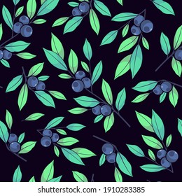 Blueberry seamless pattern. Blueberry twigs with light blue leaves. Berry design for wrapping paper, packaging, fabric, textile.