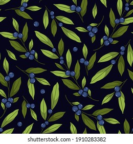 Blueberry seamless pattern. Blueberry twigs on black background. Berry design for wrapping paper, packaging, fabric, textile.