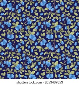 Patrón ininterrumpido de arándano azul. Bayas silvestres en un fondo oscuro. Berry azul norte y hojas verdes. Ilustración botánica vectorial