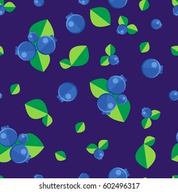 Blueberry seamless vector pattern. Colorful blue berry with green leaves