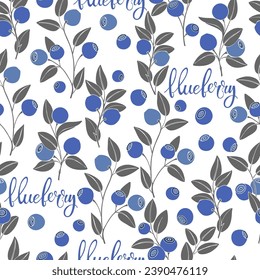 Blueberry.  Seamless vector pattern with hand drawn lettering and wild berries on a white background. Perfect for design templates, wallpaper, wrapping, fabric, print and textile.