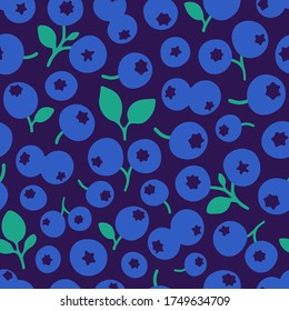 Blueberry seamless vector pattern. Summer organic fruit background. Trendy childish pattern with berries for decoration design, poster, textile. Simple vector illustration with vegetarian healthy food