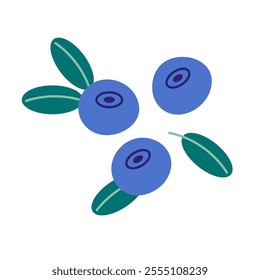 Blueberry set, berries with green leaves. Vector flat icon set, illustration of wild berries, isolated on white background