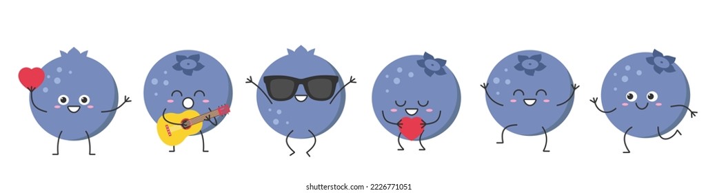 Blueberry set lindo personaje caricatura delicioso berry saltar saludo amor correr sonrisa cara alegre kawaii alegría emociones felices icono ilustración vector.