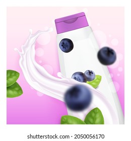 Blueberry Shampoo Creative Promotion Banner Vector. Blueberry Shampoo Blank Bottle Package, Natural Organic Berries And Bush Green Leaves On Advertising Poster. Style Concept Template Illustration