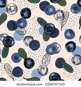 Blueberry sketch seamless vector pattern. Summer organic fruit background. Trendy childish pattern with berries for decoration design, poster, textile. 