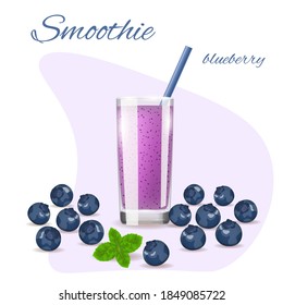 Blueberry Smoothie Flyer. Fresh Fruits, Healthy Food, Detox, Vegan Concept. Isolated Vector Illustration.