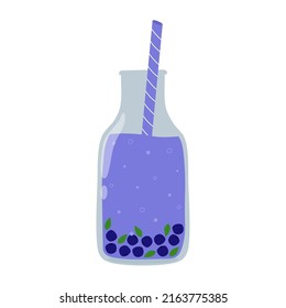 Blueberry smoothie in glass bottle with straw. Fresh bilberry drink for healthy nutrition. Refreshing summer drink with berries. Isolated vector illustration 