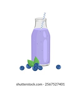 Blueberry smoothie in glass bottle with straw isolated on white background. Vector cartoon illustration of healthy drink.