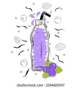 Blueberry smoothie with illustration of ingredients. Healthy food poster. Detox diet concept. Vector illustration in doodle style