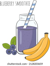 Blueberry smoothie in jar with ingredients. Vector illustration.