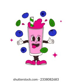 Blueberry de un personaje de limo o jugo de vidrio en estilo de historieta sobre fondo transparente. Dibujo a mano de una graciosa mascota de cóctel de estilo retro. Ilustración vectorial aislada