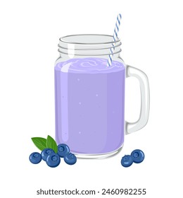 Blueberry smoothie in mason jar glass with straw isolated on white background. Purple milkshake. Vector cartoon illustration.