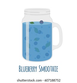 Blueberry smoothie in mason jar. Glass with vegetarian organic detox drink. Healthy nutrition, cocktail. Cartoon flat style.