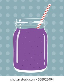 Blueberry smoothie in mason jar with striped straw on dotted background. Fresh natural berry drink, isolated. Vector hand drawn illustration eps10.
