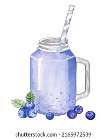 Blueberry Smoothie. Mason Jar. Watercolor. Hand Painted.
