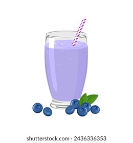 Blueberry smoothie or milkshake in glass with straw. Vector cartoon illustration of fruit drink.