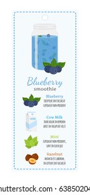 Blueberry smoothie on label. Recipe of detox drink. Made in cartoon flat style.