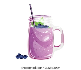 Blueberry smoothie on a white background.Summer refreshing drink in a jar with fresh blueberries and mint.Vector illustration.