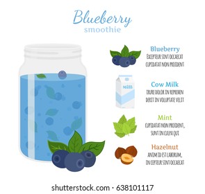 Blueberry smoothie, organic recipe, fresh ingredients - mint, berries, milk, nuts. Made in cartoon flat style.