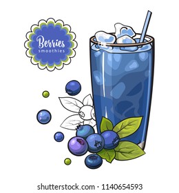 Blueberry smoothie in sketch style isolated on white background - healthy vitamin cool drink with blended fresh ripe berries and ice in glass, hand drawn vector illustration.