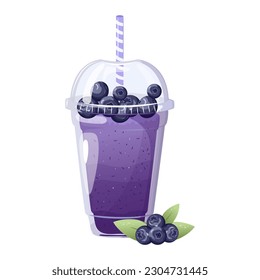 Blueberry smoothie. Summer refreshing drink with blueberry in plastic cup. Healthy food. Bar menu.