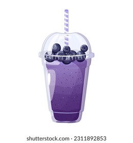 Blueberry smoothie. Summer refreshing drink with blueberry in plastic cup. Healthy food. Bar menu.