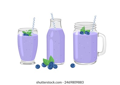 Blueberry smoothies set. Fruit shake in drink glass, bottle and mason jar. Vector cartoon illustration.