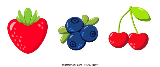 Blueberry, strawberry and cherry set of 3 flat icon for vegan, organic menu. Vector summer elements for cards, banners, posters, mug, scrapbooking, pillow case, phone cases and clothes design. 