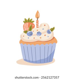 Blueberry strawberry cupcake with candle, festive dessert. Flat vector illustration on white background