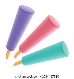 Blueberry Strawberry and Mint Popsicles in Perspective Isolated on White. Purple Pink and Green Ice Creams on Wooden Sticks. Low Poly Realistic Vector Illustration.