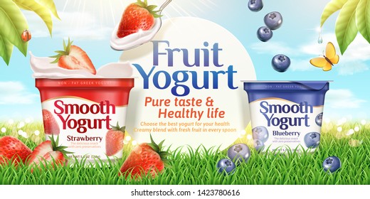 Blueberry and strawberry yogurt ads on nature background in 3d illustration
