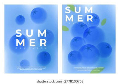 Blueberry summer banner template set. Abstract vector with blurred berries and soft blue gradient background for sale, cover, summer events