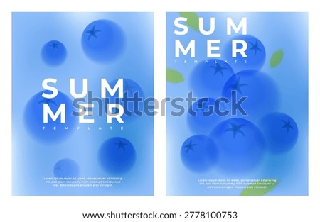 Blueberry summer banner template set. Abstract vector with blurred berries and soft blue gradient background for sale, cover, summer events