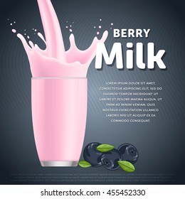 Blueberry sweet milkshake fresh drink in cartoon vector illustration