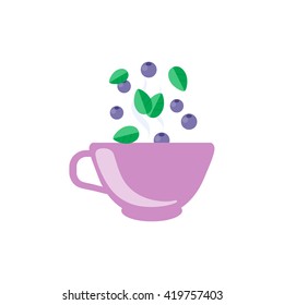 Blueberry Tea In Violet Cup Flat Bright Color Simplified Vector Drawing On White Background