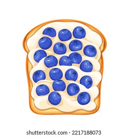 Blueberry toast vector illustration. Cartoon isolated toasted bread slice with cream and fresh berry fruit ingredients for breakfast, healthy homemade morning food, top view of sweet sandwich