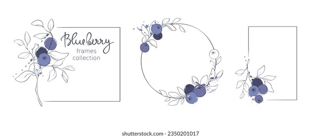 Blueberry - vector illustration. Set of frames with a branches, leaves and berries. Outline drawing with colorful splash elements, freehand drawing.	