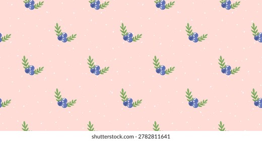 Blueberry vector pastel seamless pattern for summer and spring with cute. Berry and flower design through soft lines on textured background hand. Drawn fruits and subtle grid for baby cloth.