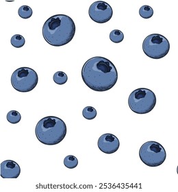 Blueberry vector seamless color pattern. Isolated blueberry sketch on white background. Summer fruit hand drawn style. Vector illustration. Great for packaging, poster, print.