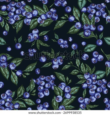 Blueberry vector seamless pattern illustration juicy blueberries on a dark navy blue background