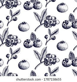 Blueberry vector seamless pattern. Isolated berry branch sketch on white background. Summer fruit engraved style illustration. Detailed hand drawn vegetarian food. Great for label, poster, print