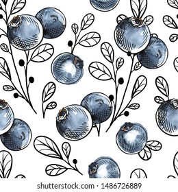 Blueberry vector seamless pattern. Natural fresh ripe tasty blueberries on white. For backgrounds, packaging, textile and various other designs.