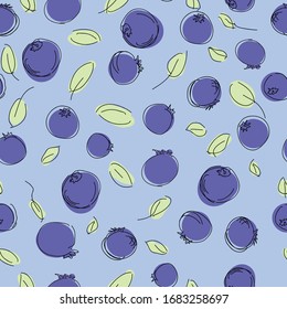 Blueberry vector seamless pattern. Natural fresh ripe tasty blueberries with green leaves. illustration, surface pattern design