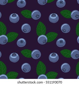 Blueberry vector seamless pattern. Natural fresh ripe tasty blueberries with green leaves. Seamless background. Vector illustration, eps. For backgrounds, packaging, textile and various other designs.